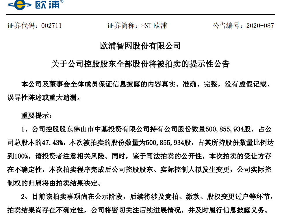 突然宣告破产:*ST欧浦控股股东出大事 股价暴跌