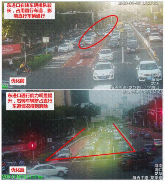 海秀中路-龙华路优化前后东进口通行情况对比。