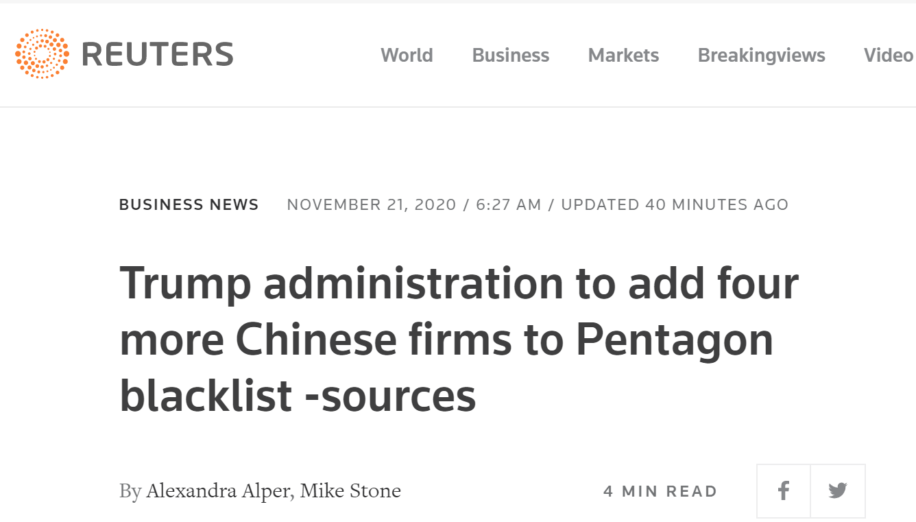 ▲(路透社:消息人士称,特朗普政府计划再将4家中企列入五角大楼黑名单)