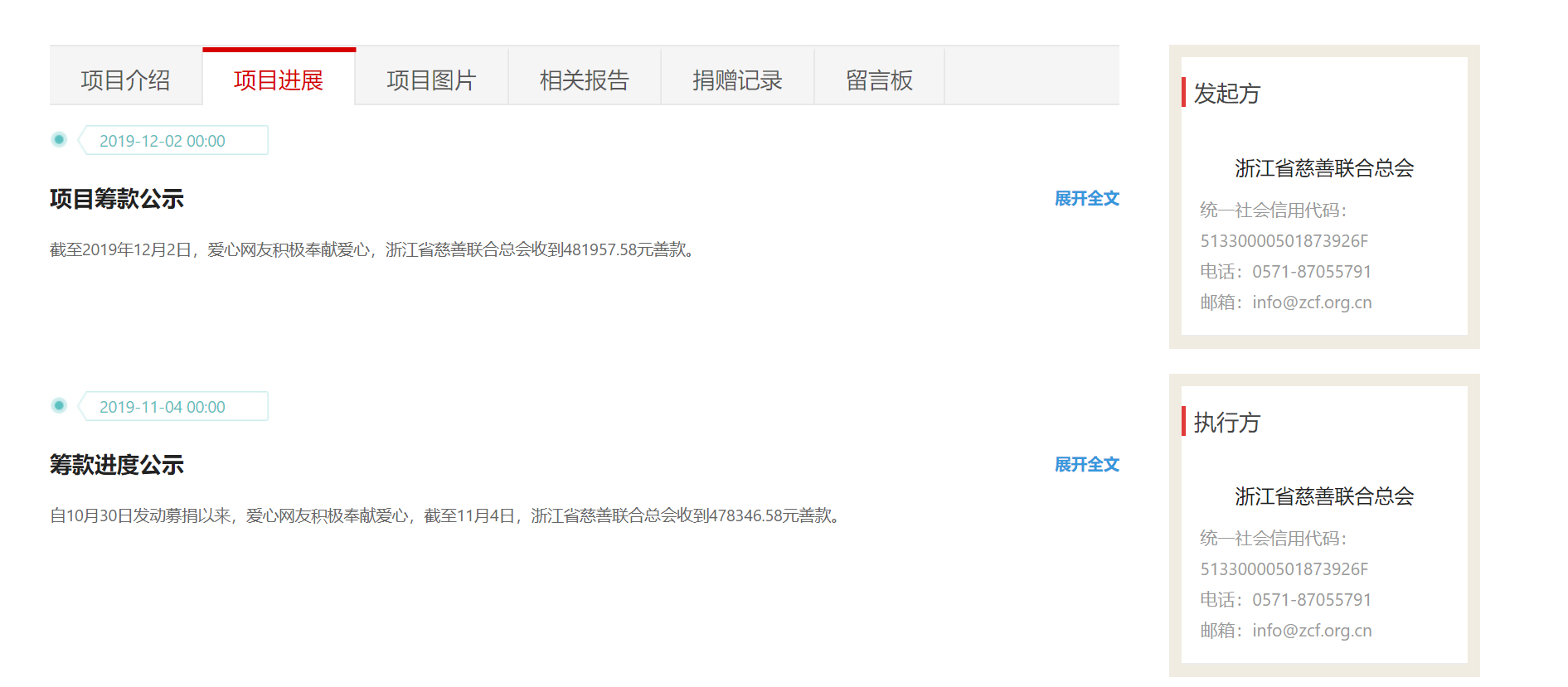  浙江慈善联合总会官网显示，截至2019年12月2日，为吴花燕募捐总额为481957.58元。网页截图