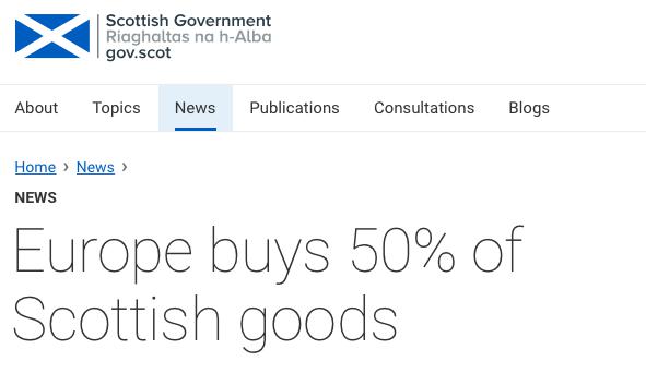  ↑苏格兰政府官网报告：苏格兰对欧盟的出口占其对外出口总额的50% （来源：苏格兰政府官网）