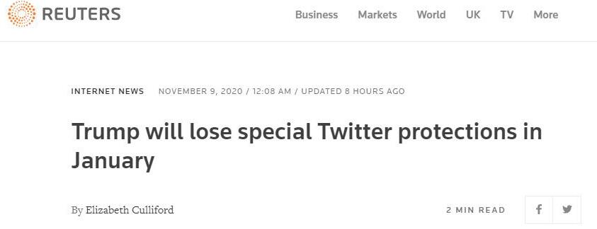 外媒：明年1月起 特朗普将失去推特特别保护