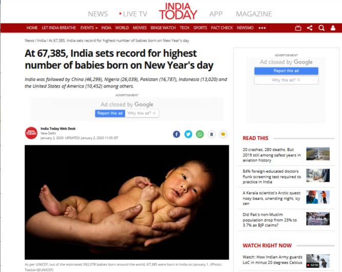 2020年首日 印度新生儿数量全球第一