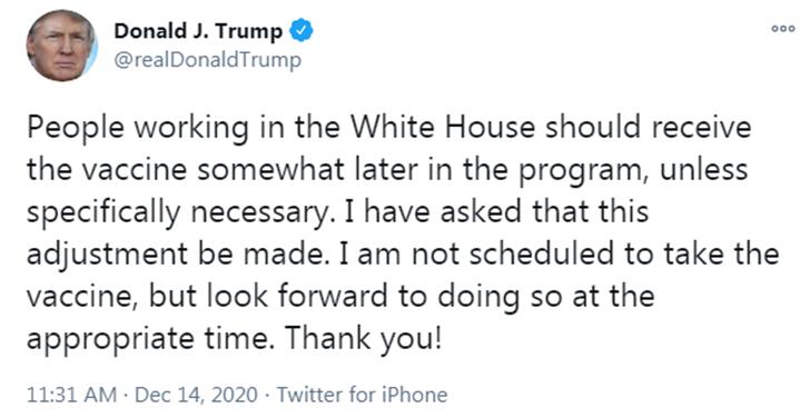 美媒称白宫高级官员将早于大众接种疫苗 特朗普