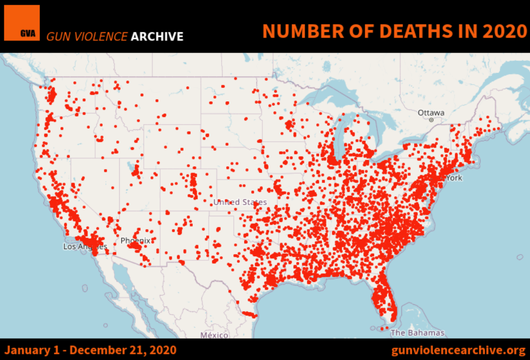 △2020年1月1日至2020年12月21日,全美各地枪击致死案件地图,每一个红点代表至少1例死亡。(图片来源:《枪支暴力档案》)