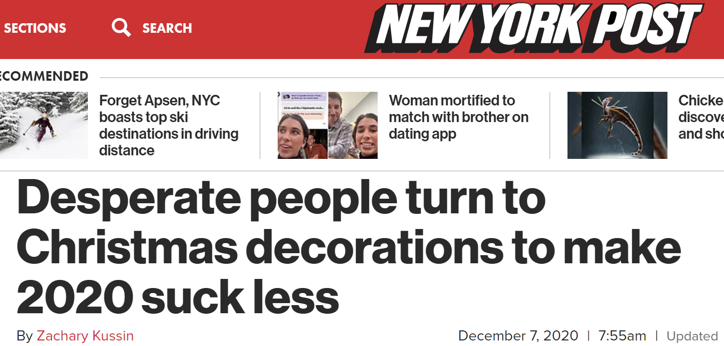 △《纽约邮报》12月的一篇文章称“绝望的人们转向装饰许愿树,试图让2020年不再那么艰难”。