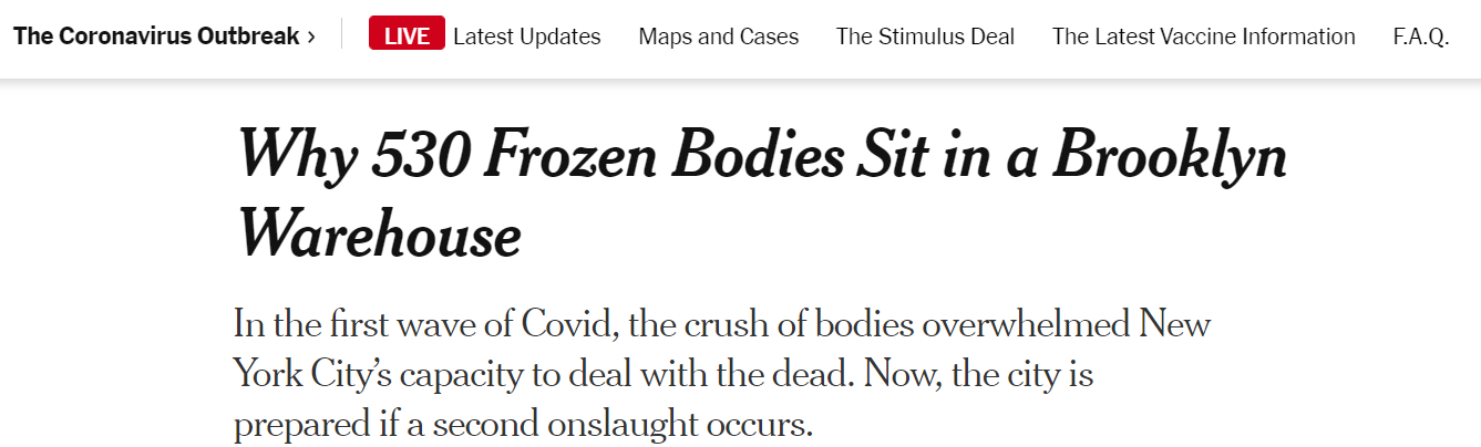 △当地时间26日,《纽约时报》发表题为《为什么布鲁克林的仓库里装满了530具尸体》的文章。(图片来源:《纽约时报》)