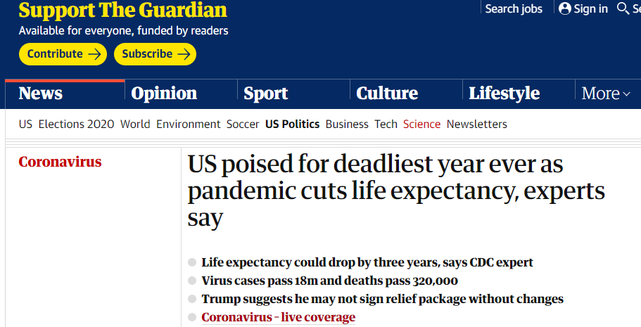 △专家称,由于新冠疫情的大流行会削减人均寿命,2020年或将成为美国最致命的一年。(图片来源:《卫报》)