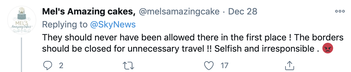 △網友稱“首先他們（英國游客）就不應該被允許去那里！應該避免不必要的旅行，這種行為非常自私和不負責任?！?><span class=