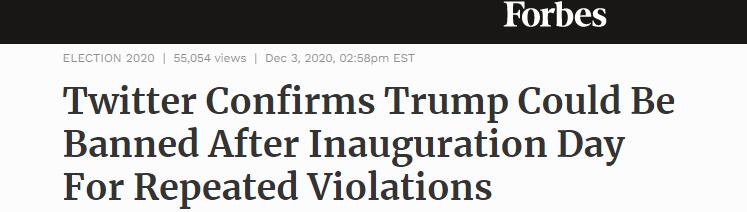 美媒：明年1月20日后特朗普若屡次违规可能被推特平台封禁|特朗普