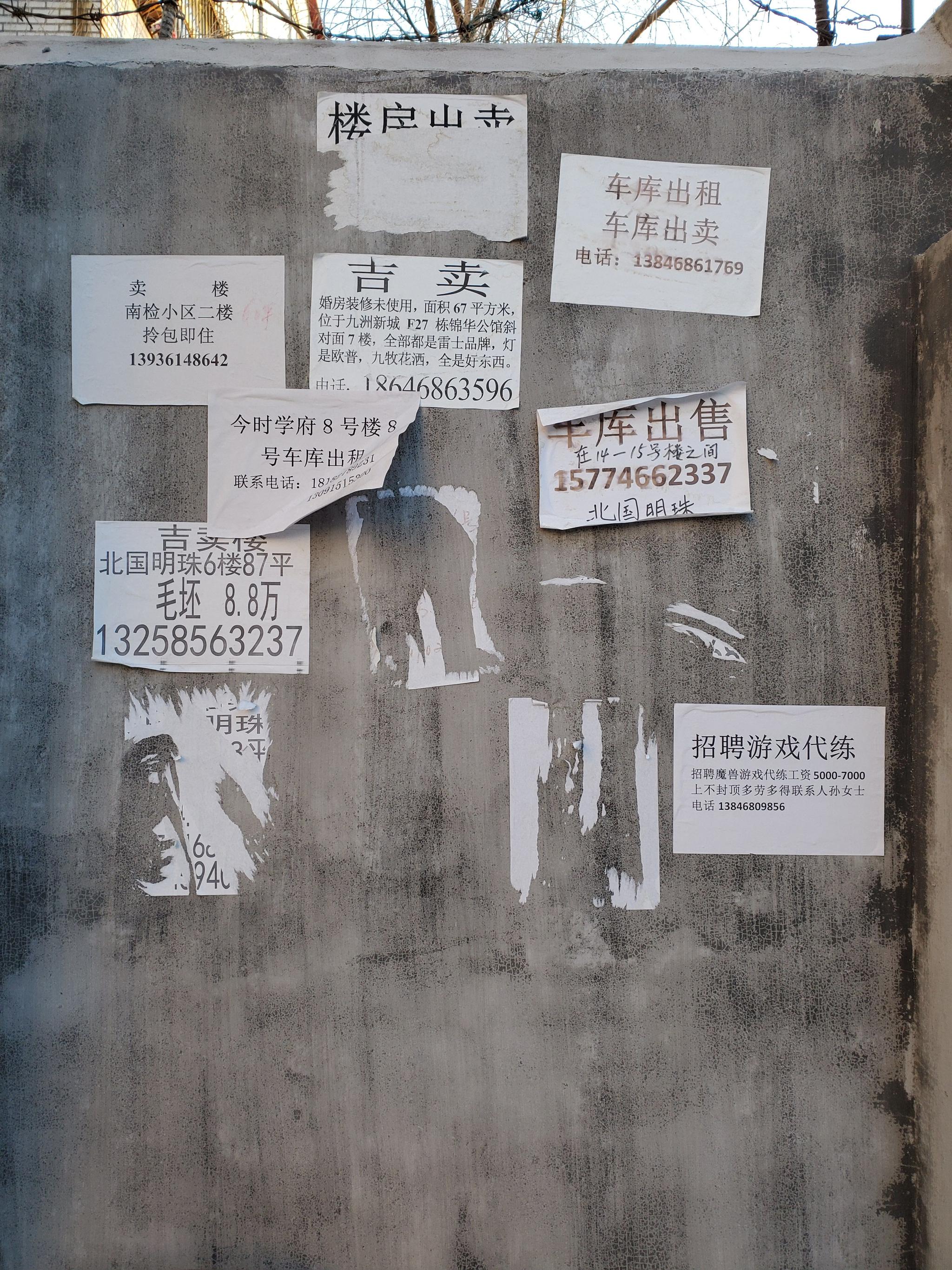 1月24日，南山区一处小区外墙，鹤岗到处张贴着这样的卖房广告。新京报记者 李云蝶 摄