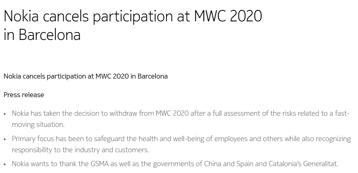 受疫情影响，诺基亚宣布退出MWC 2020