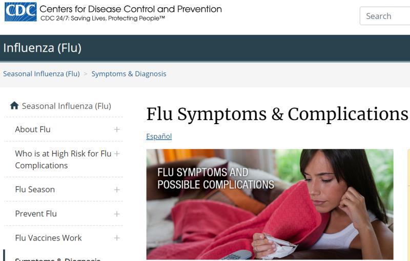 &uarr;CDC官网介绍流感的主要症状