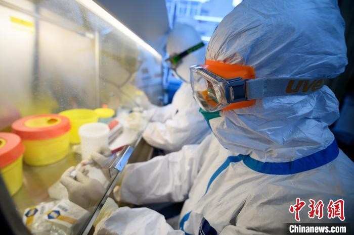 微生物检验科的工作人员在实验室内将样本进行核酸检测。 韦亮 摄
