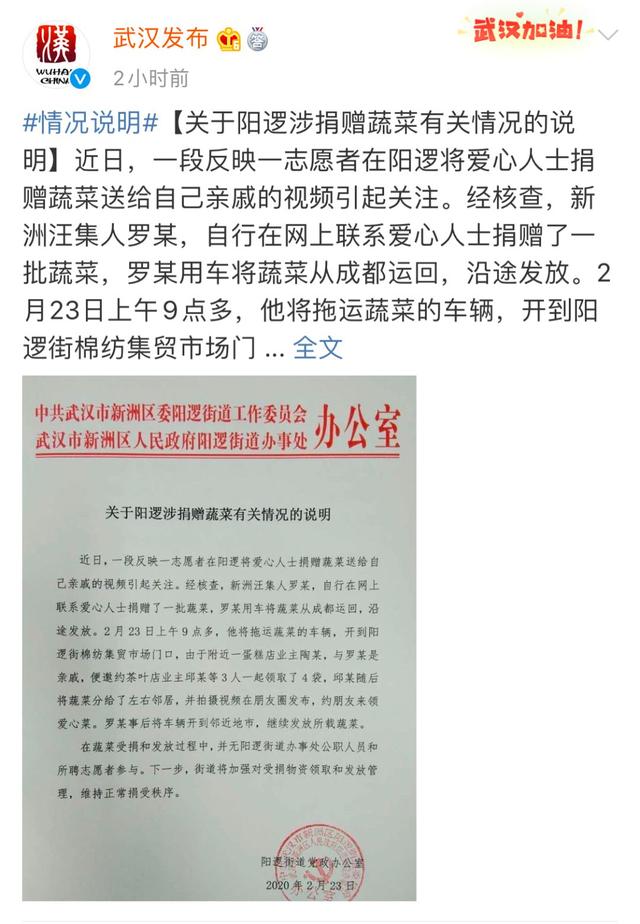 武汉志愿者将蔬菜送亲戚?官方回应