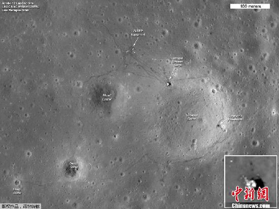 资料图：美国国家宇航局(NASA)公布的阿波罗系列探测器在月球表面着陆的痕迹。