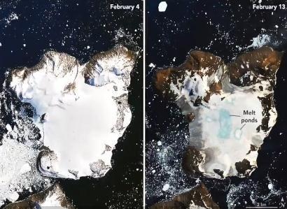 持续9天热浪侵袭 南极洲东北端鹰岛约20%积雪融化