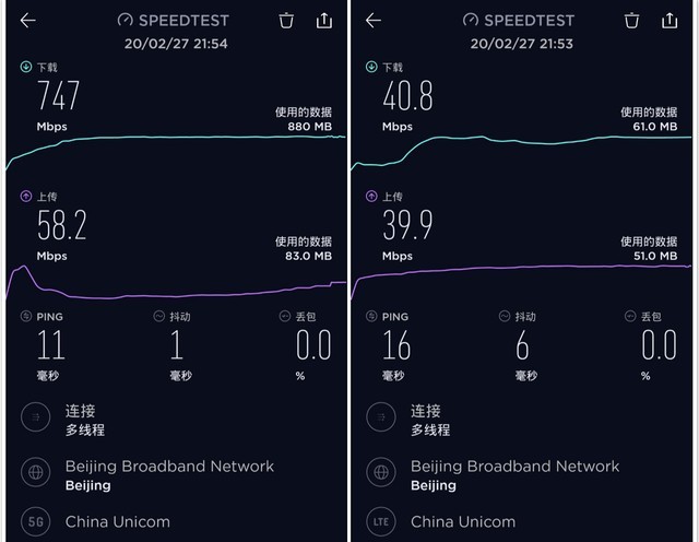 vivo Z6 5G网速（图左）与4G网速（图右）对比