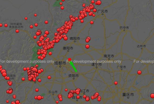 (1900年1月1日-2020年2月3日,成都附近地震分布图,绿色箭头所指为本次震中,可以发现为最接近成都主城区的地震)