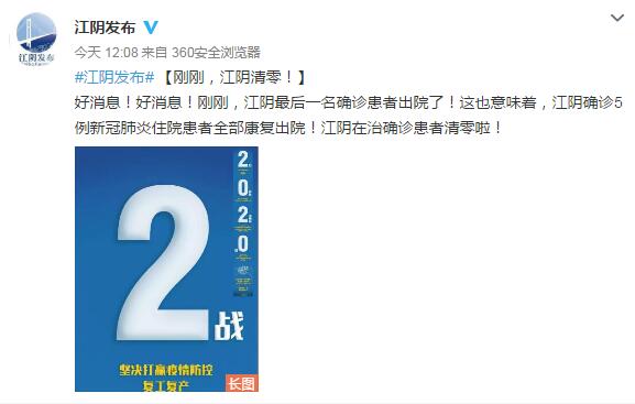 全省清零!江苏确诊631例实现百分百治愈出院