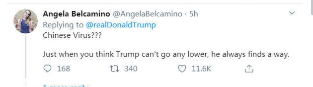 △网友Angela : 中国病毒?当你觉得特朗普没办法更差劲了,他总能想出新的方式来。
