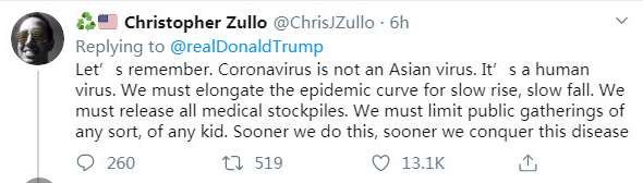 △网友Christopher Zullo:新冠病毒是全人类的病毒。