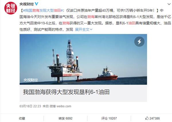 我国渤海发现大型油田！原油年产量超40万余桶