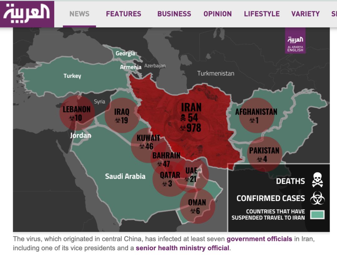中东部分地区疫情图。/截图自alarabiya