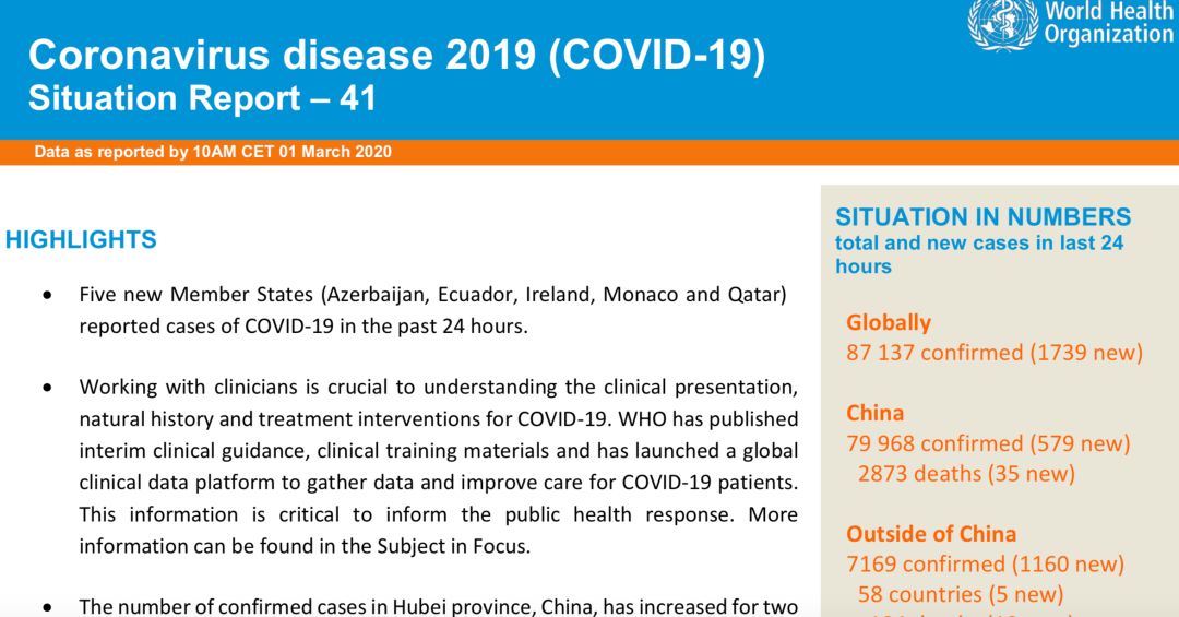 世卫组织3月1日疫情报告。/截图自世卫组织官网