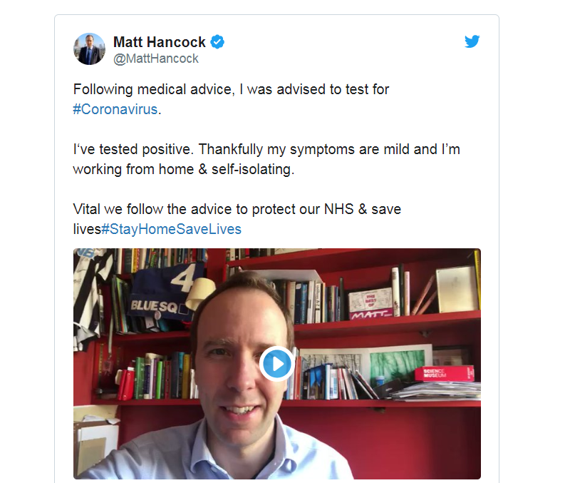 英国卫生大臣马修·汉考克称自己新冠肺炎检测呈阳性