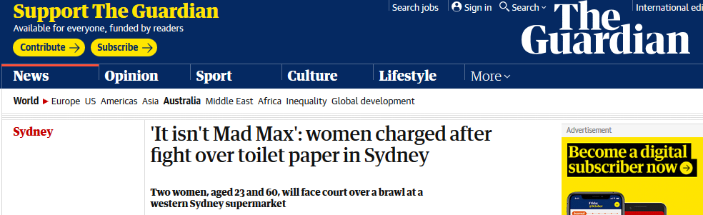 为抢购卫生纸大打出手 澳大利亚两女子被警方控