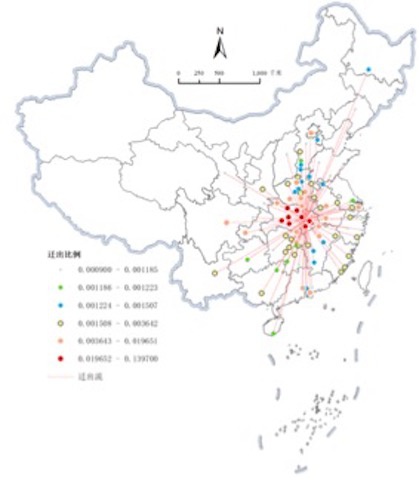 湖北武汉人口迁出目的地城市分布地图   (来源:中国社会科学院城市与