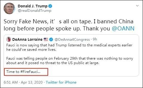 △特朗普转发一条写有“是时候解雇福奇了”的推文