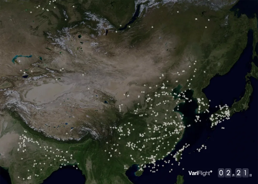 国内部分航班的飞行轨迹雷达图（2月21日低谷期） 图片来源：飞友科技Airsavvi