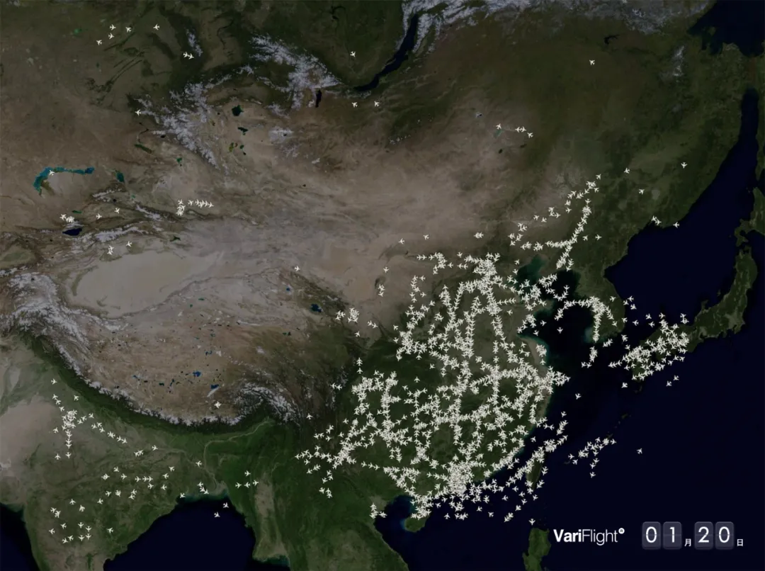 国内部分航班的飞行轨迹雷达图（1月20日高峰期） 图片来源：飞友科技Airsavvi