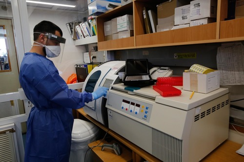 3月29日,在以色列南部城市阿什凯隆巴尔齐莱医学中心的微生物实验室里,身着防护装置的操作员对采集的样本进行检测。新华社发