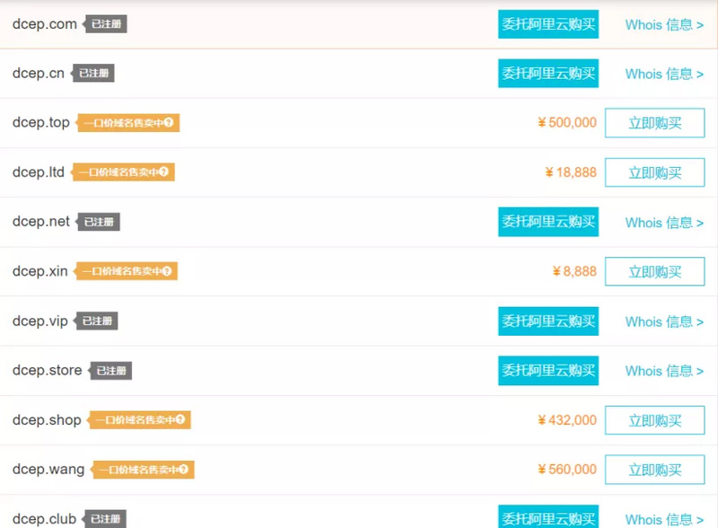 阿里云DCEP域名查询页面