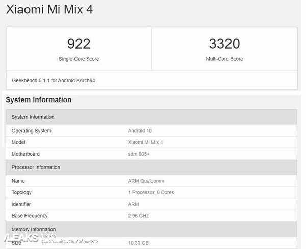 小米MIX 4 Geekbench跑分曝光 3320分搭载骁龙865+？
