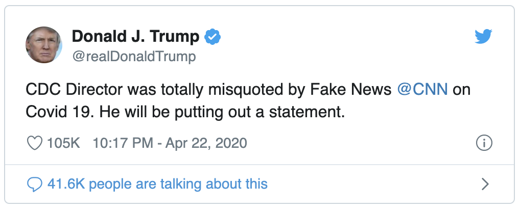 特朗普要求美国疾控中心主任澄清之前发出的警