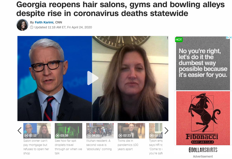 △CNN 4月24日报道,佐治亚州当天起允许美容院、健身房和保龄球馆开放