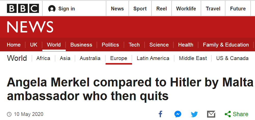 BBC报道截图：马耳他大使将安格拉·默克尔与希特勒相提并论，之后辞职