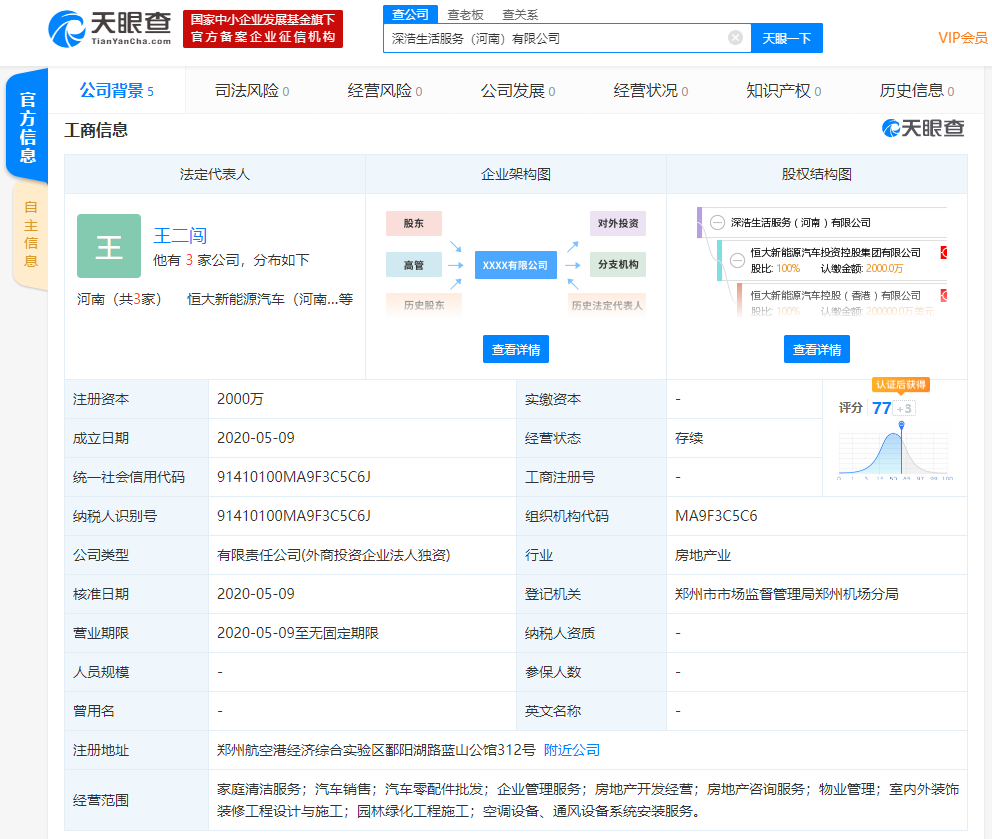 热浪|恒大新能源汽车新成立两家生活服务公司,注册资本均为2000万