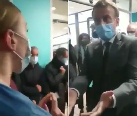“RT”引用的视频中,马克龙与护士进行争论 视频截图