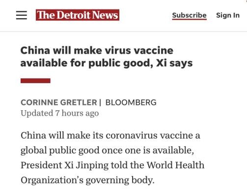 《底特律消息》:习主席公布中国出产的新冠病毒疫苗将作为全球大众产物