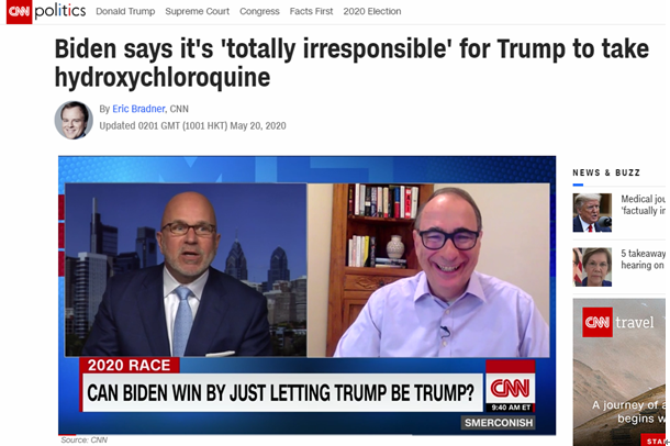 CNN:拜登说特朗普服用羟氯喹是“完全不负责任”