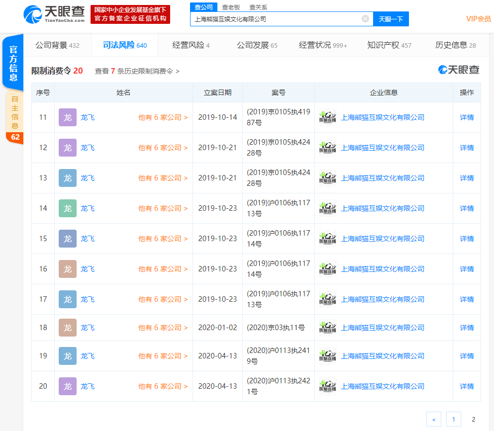 王思聪旗下熊猫互娱文化有限公司再成失信被执