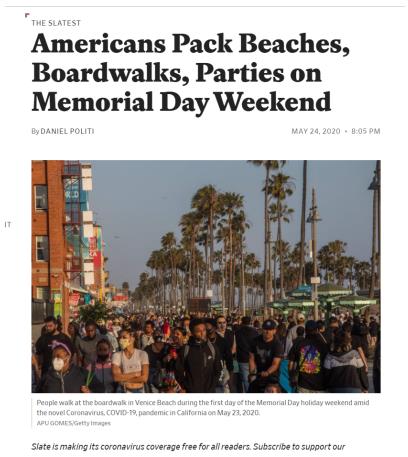△美国知名网络杂志Slate：阵亡将士纪念日周末 美国人重返海滩、木板路和聚会