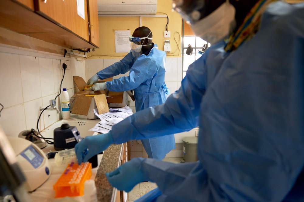 4月6日，在南苏丹首都朱巴，一间实验室的技术人员对样本进行新冠病毒检测。新华社/法新