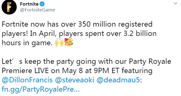 《堡垒之夜》玩家数破3.5亿 4月游戏时间破32亿小时