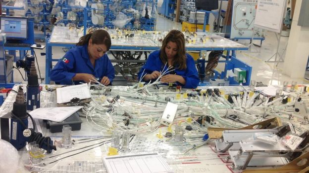 △图为墨西哥加工出口工厂工人在生产